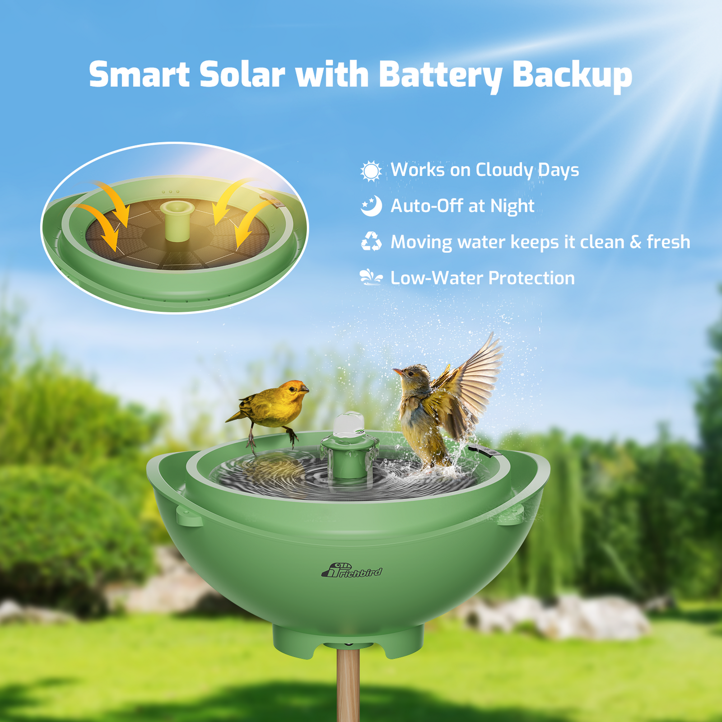 3-in-1 Solar Bird Bath with Battery Backup