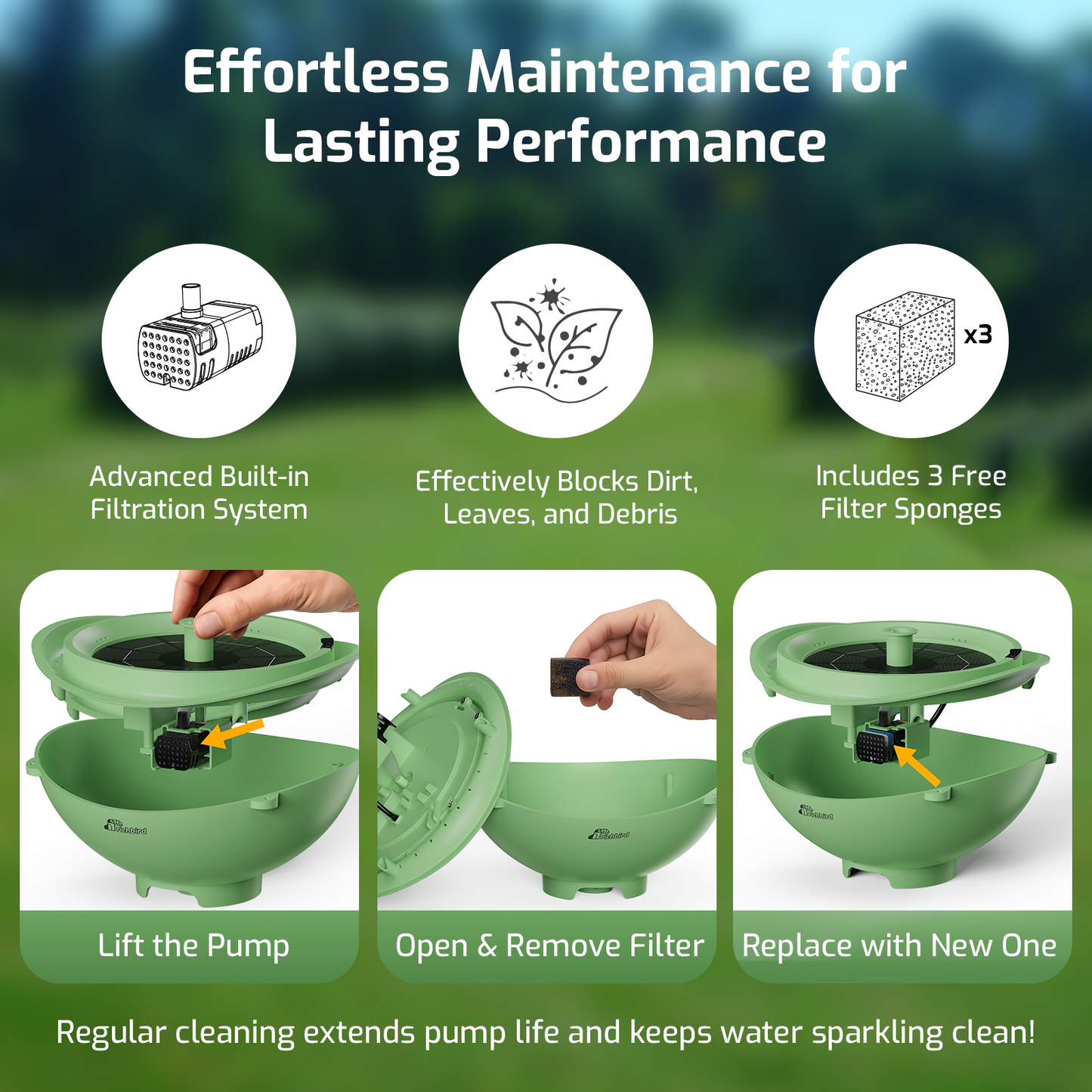 3-in-1 Solar Bird Bath with Battery Backup