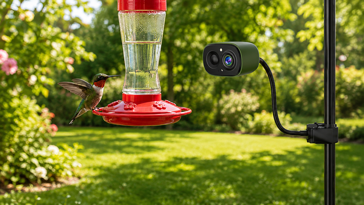 COOLFLY FLEX AI Bird Cam mounted on a gooseneck arm beside a red hummingbird feeder, with a hummingbird hovering at the nectar ports