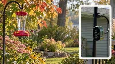 A hummingbird visiting a clean feeder in an autumn backyard beside a separate view of a COOLFLY Flex camera positioned nearby for observation.