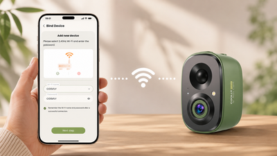 COOLFLY bird camera beside a phone showing a 2.4 GHz Wi-Fi setup screen.