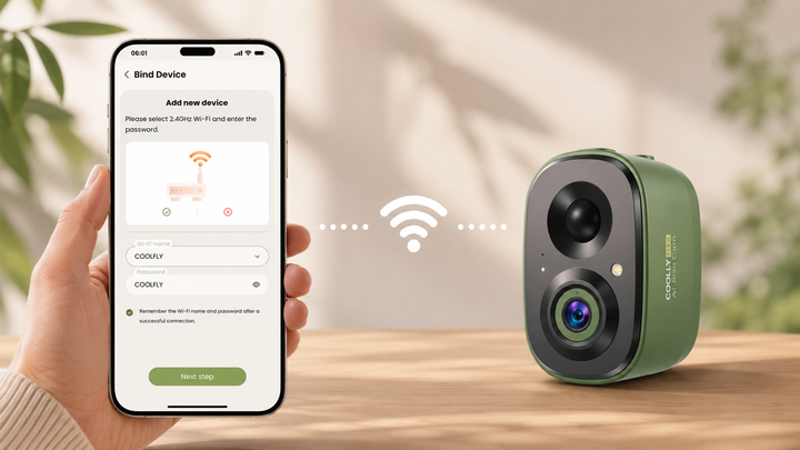 COOLFLY bird camera beside a phone showing a 2.4 GHz Wi-Fi setup screen.