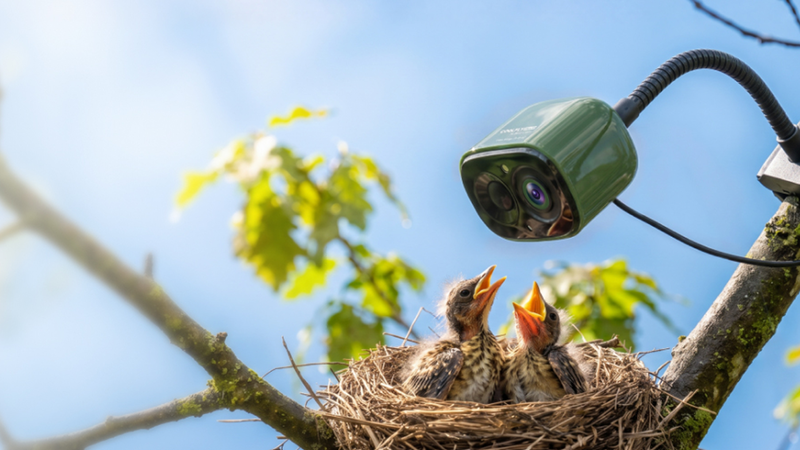 COOLFLY Flex product illustration showing a green camera on a gooseneck mount with a solar panel beside a bird nest.