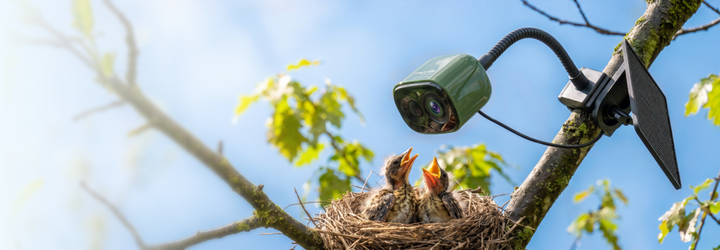 COOLFLY Flex product illustration showing a green camera on a gooseneck mount with a solar panel beside a bird nest.