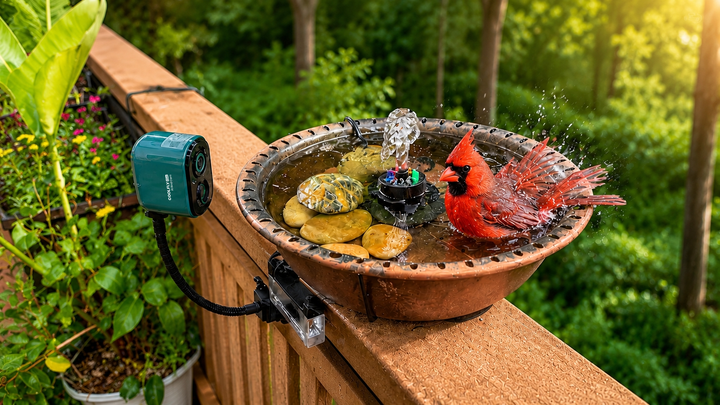 COOLFLY FLEX AI Bird Cam mounted on a backyard pole, identifying a Northern Cardinal with the COOLFLY app