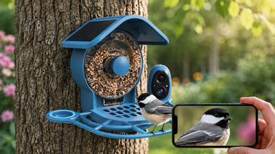 COOLFLY smart bird feeder with built-in 2.5K camera mounted on a tree, with a chickadee perched on the feeder tray and a phone showing the live bird view in sharp detail