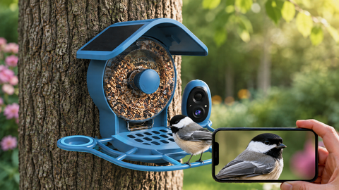 COOLFLY smart bird feeder with built-in 2.5K camera mounted on a tree, with a chickadee perched on the feeder tray and a phone showing the live bird view in sharp detail