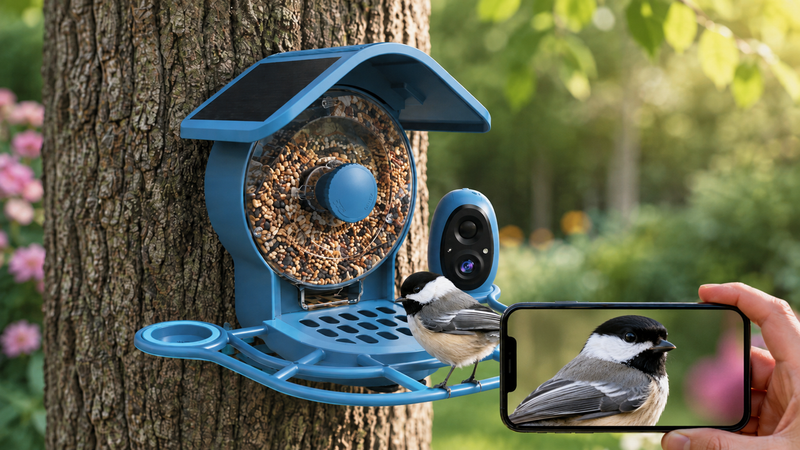 COOLFLY smart bird feeder with built-in 2.5K camera mounted on a tree, with a chickadee perched on the feeder tray and a phone showing the live bird view in sharp detail