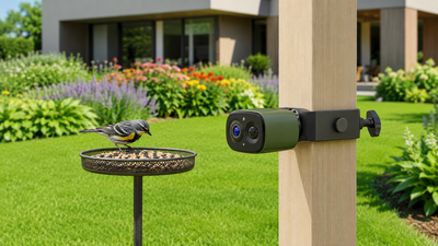 COOLFLY FLEX AI Bird Cam mounted on a wooden post beside a tray feeder in a backyard garden.
