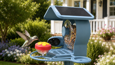 COOLFLY Aura solar smart bird feeder with an integrated camera as a hummingbird visits a flower-shaped nectar accessory