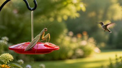 Illustrated praying mantis perched beside a hummingbird feeder port while a hummingbird keeps its distance.