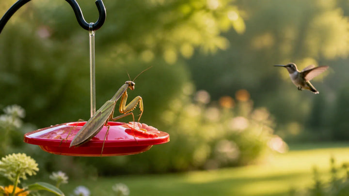 Illustrated praying mantis perched beside a hummingbird feeder port while a hummingbird keeps its distance.