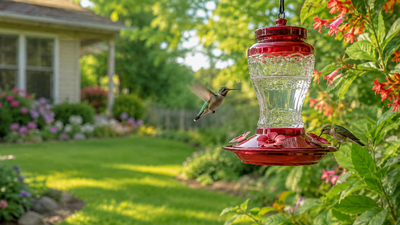 Two hummingbirds visit a red nectar feeder beside flowering plants in a sunny backyard.