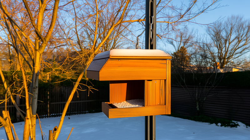 Wooden bird feeder on a metal pole in a snowy backyard at dawn, with bare trees and frost on the tray