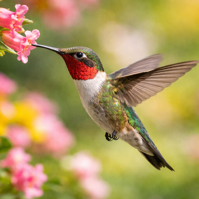 Ruby-throated Hummingbird with iridescent green and red throat hovering near a hummingbird feeder