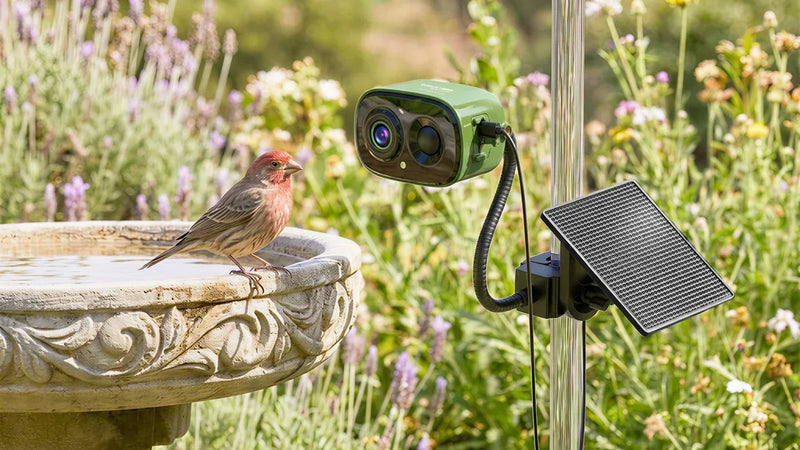 Official COOLFLY scene showing a green Flex camera and solar panel beside a bird perched on a bird bath.