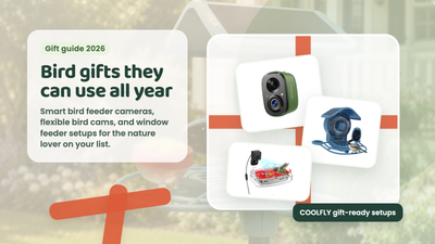 A warm gift guide scene showing COOLFLY bird camera and smart feeder product options arranged with a backyard-inspired gift box.
