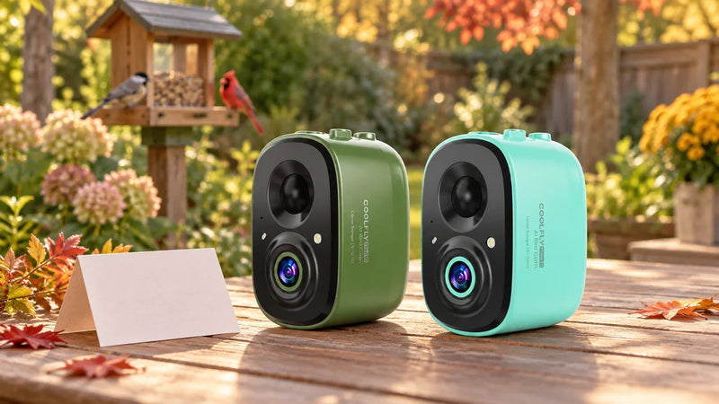 AI-created garden illustration showing green Flex10 and aqua Flex20 bird cameras beside a blank gift card, with an existing feeder in the background.