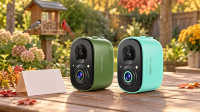 AI-created garden illustration showing green Flex10 and aqua Flex20 bird cameras beside a blank gift card, with an existing feeder in the background.