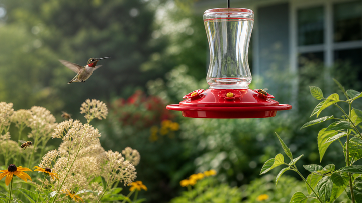 Unbranded red hummingbird feeder hanging clean and level near a hummingbird and bees visiting nearby garden flowers.