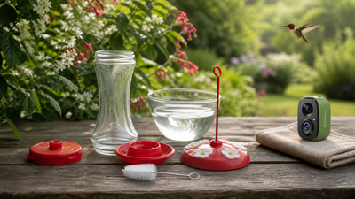 COOLFLY Flex bird camera kept dry beside clean hummingbird feeder parts, fresh water, and a soft brush for routine feeder cleaning.