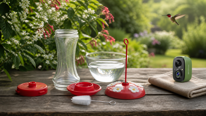 COOLFLY Flex bird camera kept dry beside clean hummingbird feeder parts, fresh water, and a soft brush for routine feeder cleaning.