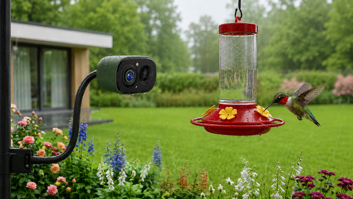 COOLFLY bird camera mounted outdoors showing charging and outdoor use guide for year-round birdwatching
