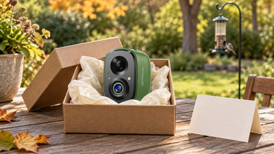 AI-created gift illustration of a green COOLFLY Flex bird camera in a kraft box on a patio table overlooking a garden.