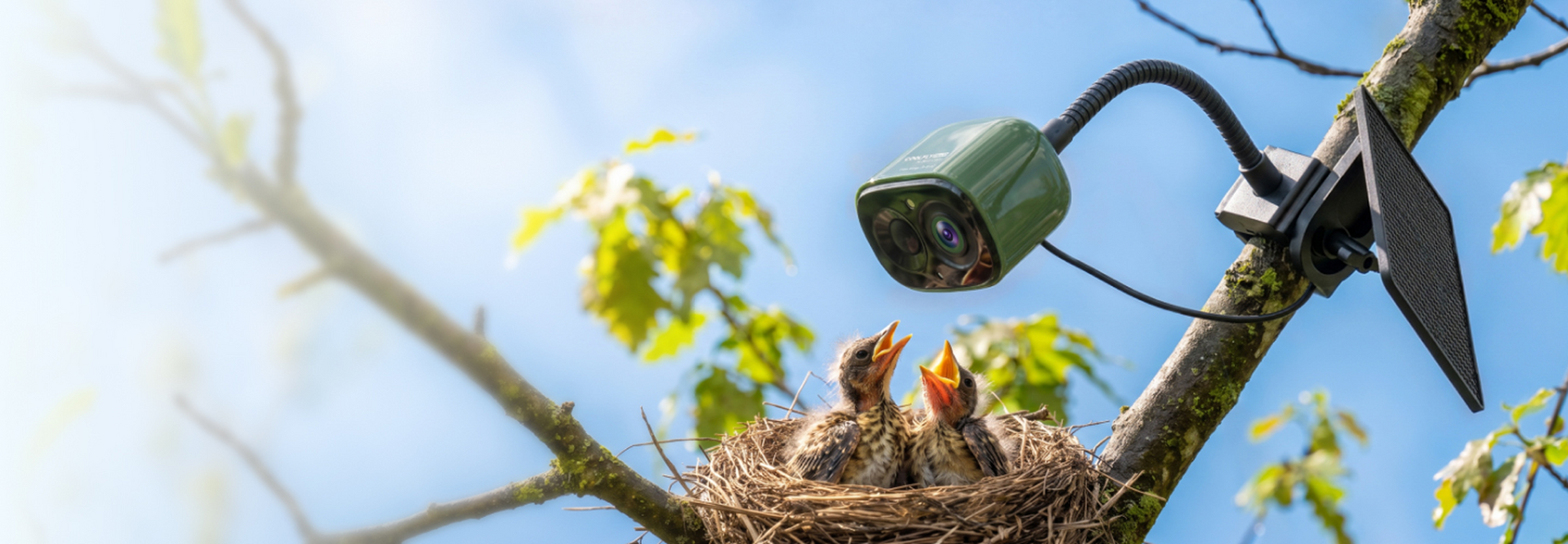 COOLFLY Flex product illustration showing a green camera on a gooseneck mount with a solar panel beside a bird nest.