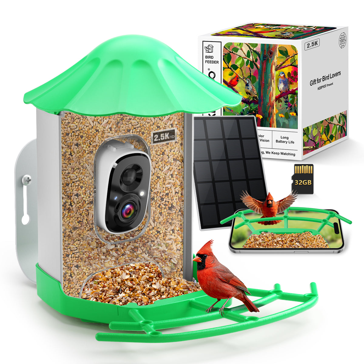 2.5K HD Smart Bird Feeder with Solar Panel